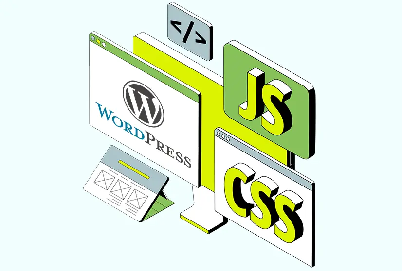 Ilustración conceptual de WordPress con archivos CSS y JavaScript personalizados integrados al diseño web.