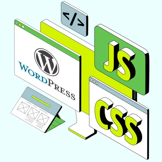 Ilustración conceptual de WordPress con archivos CSS y JavaScript personalizados integrados al diseño web.