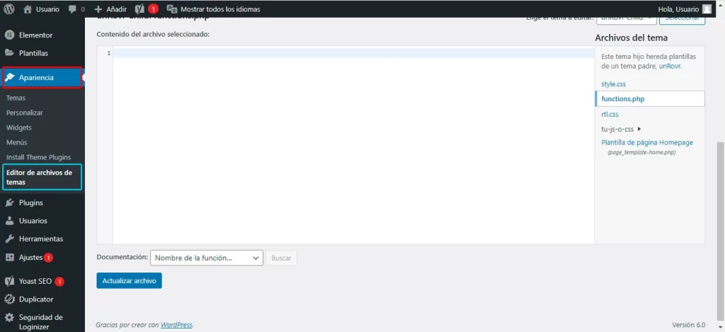 Vista de la carpeta del child theme y los archivos Ejemplo.css y Ejemplo.js