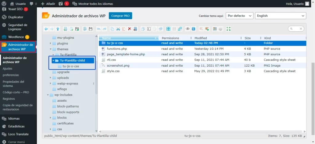 Vista del plugin File Manager instalado y activado en WP