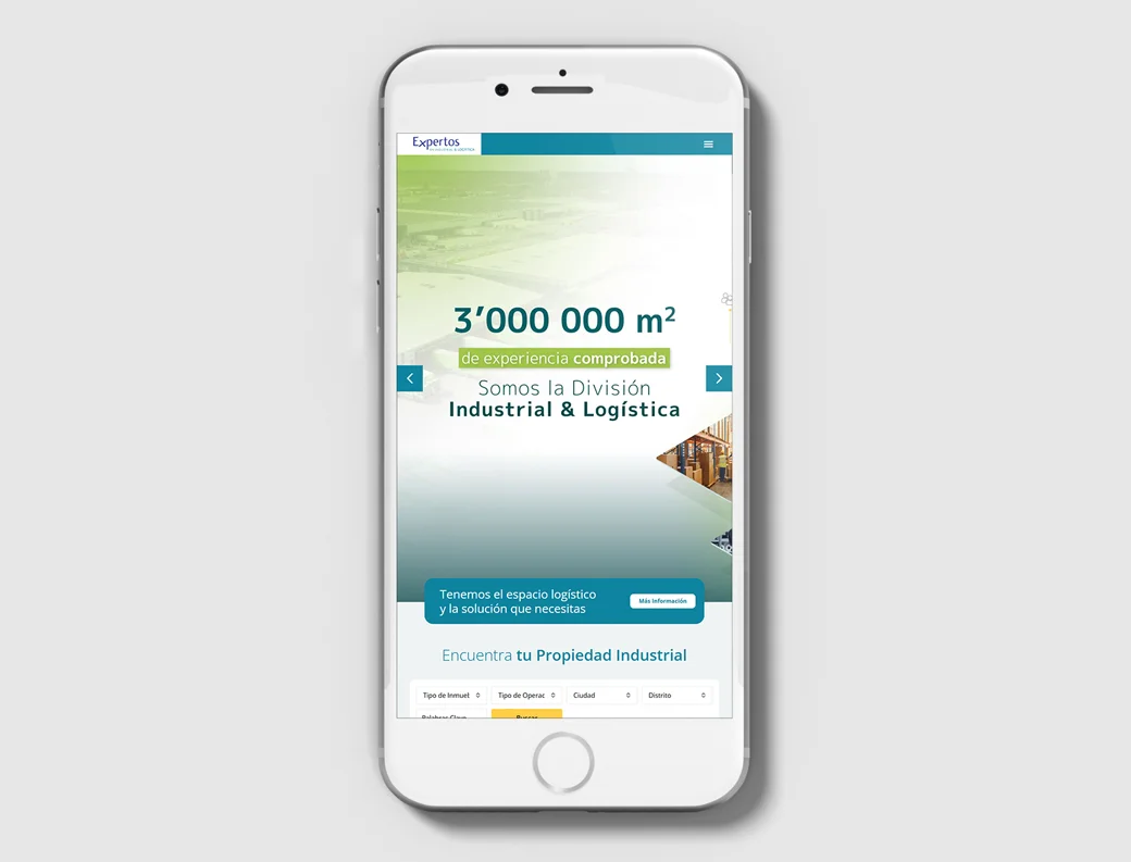 Mockup, smartphone mostrando el diseño web del Sitio web de Propiedades Industriales.