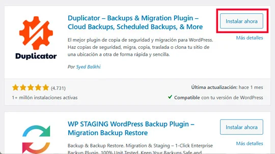 Instalando el plugin Duplicator en WordPress