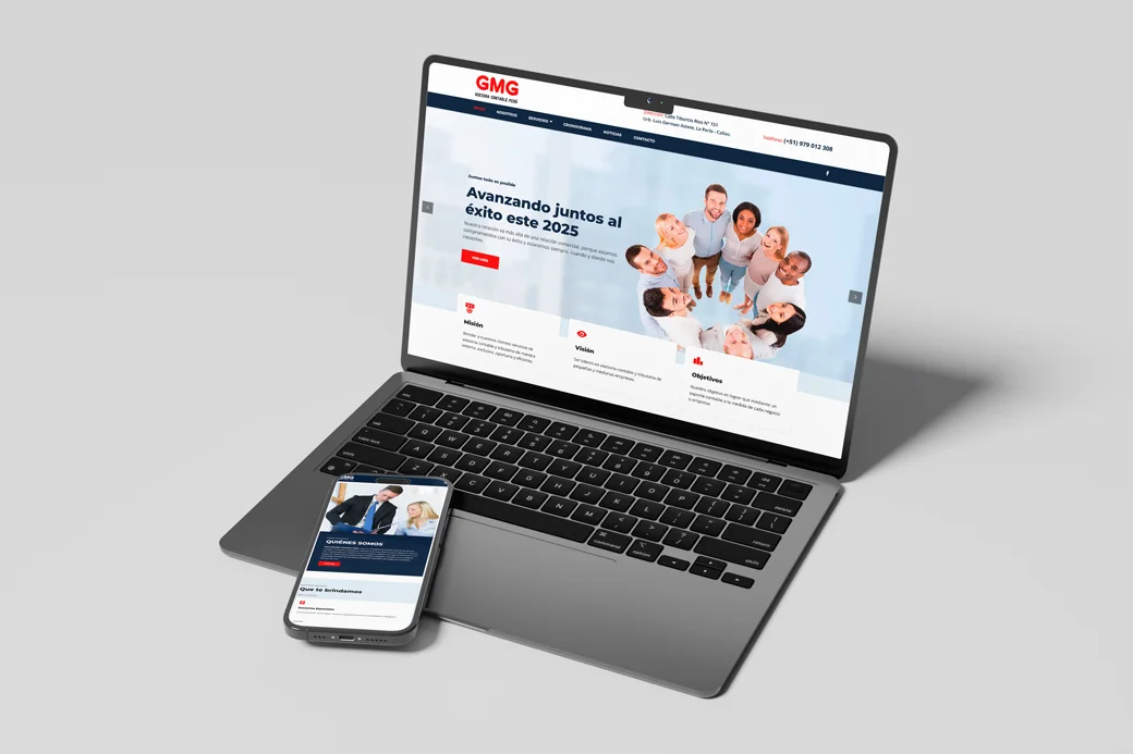 Mockup, laptop con smartphone mostrando el diseño web del Sitio web de GMG Asesora Contable.