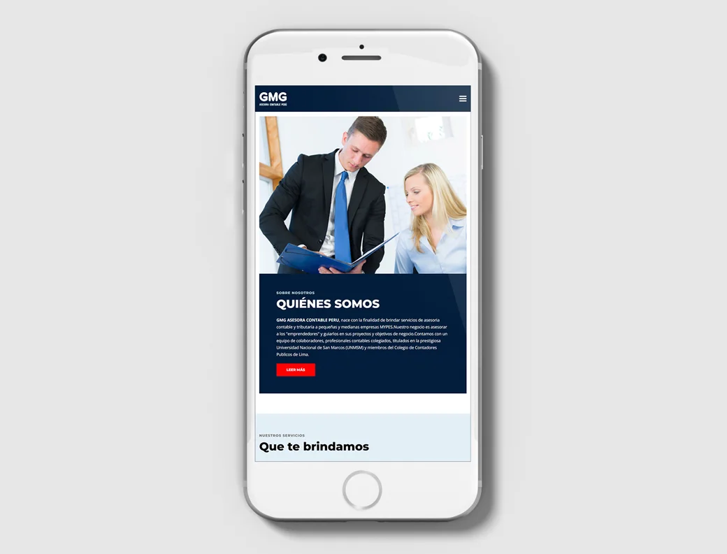Mockup, smartphone mostrando el diseño web del Sitio web de GMG Asesora Contable.