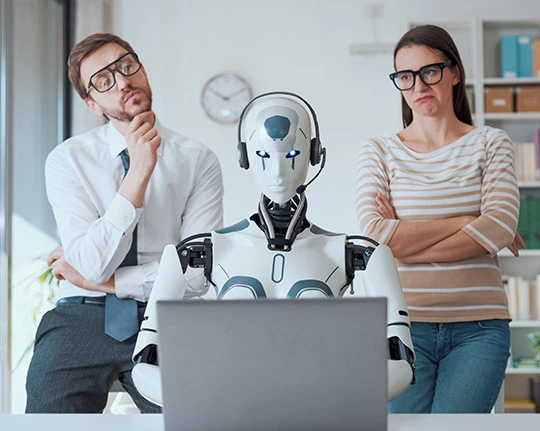 Hombre y mujer mirando con duda a un robot frente a una computadora, representando la desconfianza en herramientas de IA para desarrollo web.