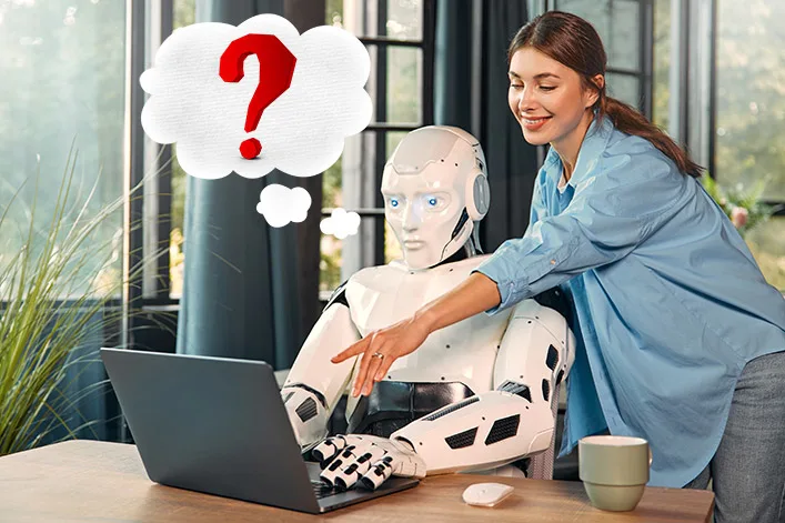 Mujer indicando el desarrollo de una página web en una laptop a un robot confundido, representando dudas sobre el uso de IA para crear páginas web.